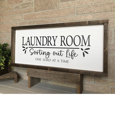 Laundry room sorting out life one load at a time, farmhouse sign, wood signs, home decor, framed country wood sign - image3